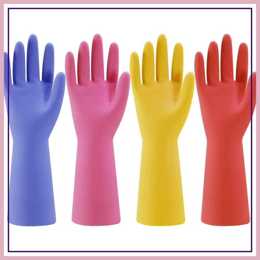 

4 Pairs Colorful Rubber Dishwashing Gloves, Reusable Non-Slip Cleaning Gloves for Kitchen, Medium (Blue, Pink, Yellow, Red)