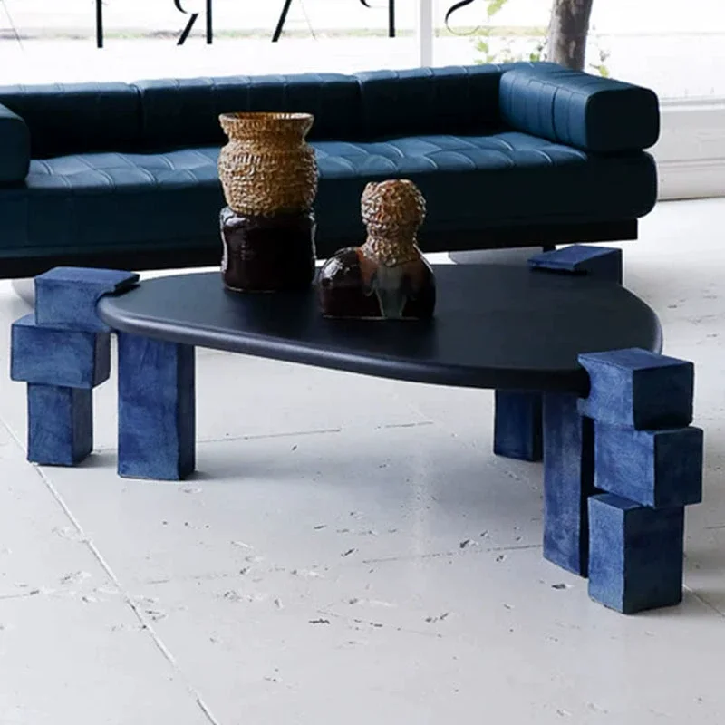 

⁕rArtistic Irregular Shaped FRP Coffee Table Contrast Color Block Legs Fiberglass Material for Living Room