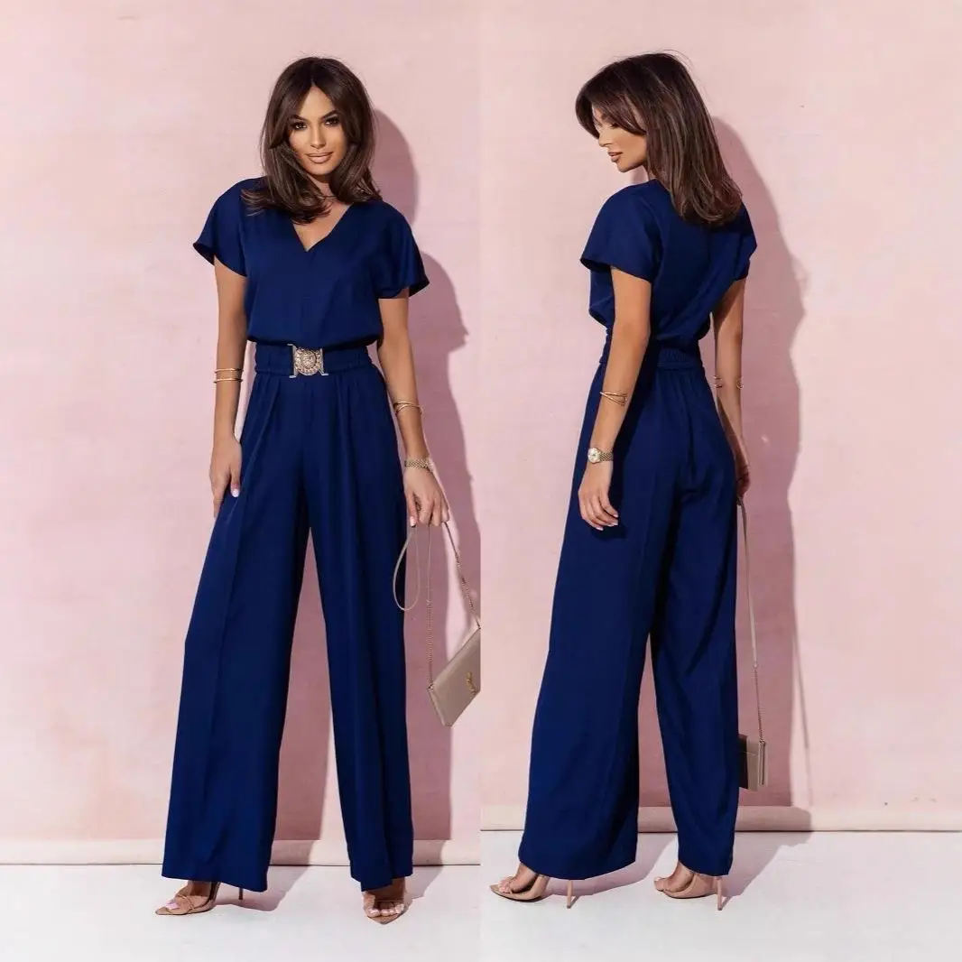 المرأة عادية V-ne الخصر محفور ort-sve لون نقي السراويل الطويلة بذلة Ele عالية الخصر المحملة ألياف خلات #1