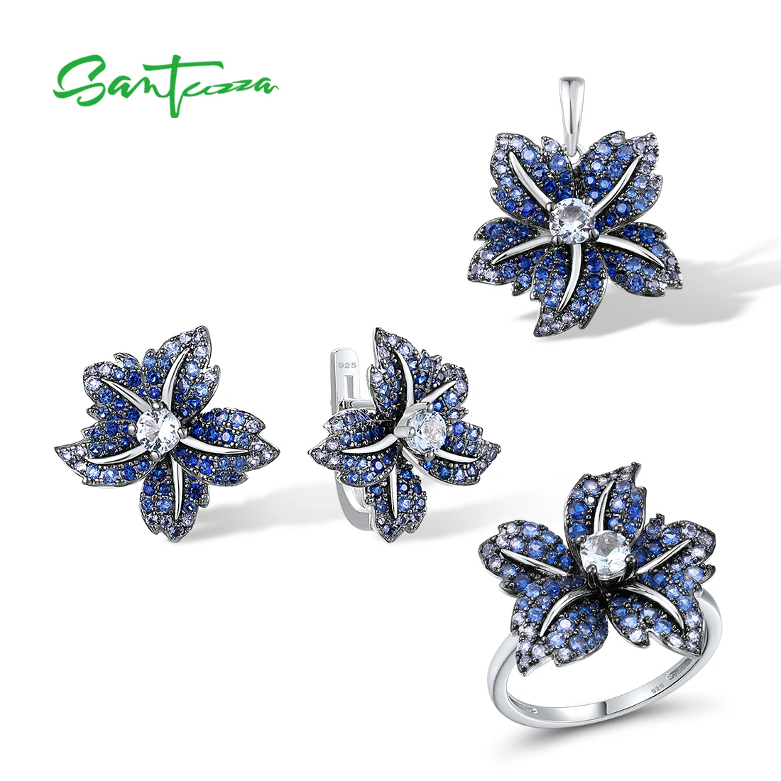 SANTUZZA Jewelry Set For Women Real 925 Sterling Silver Blue Pink Stone Lily Flower Pendant Earrings Ring Gorgeous Fine Jewelry