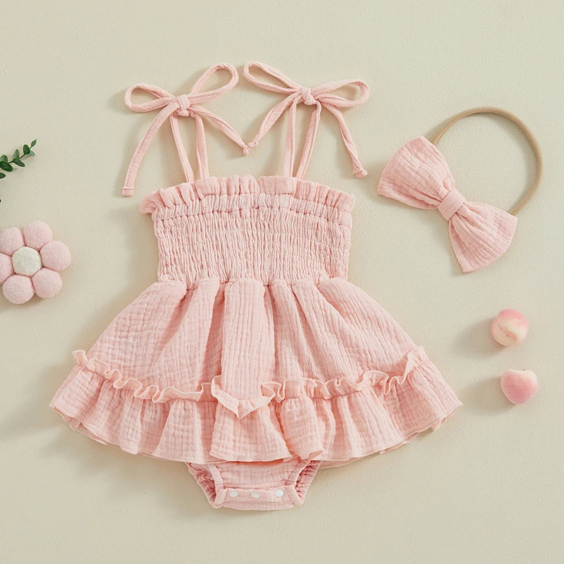 Robe barboteuse pour nouveau-né fille, vêtements d'été avec bande de sauna, tenues Boho pour bébé, rose uni