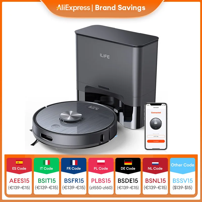 مكنسة كهربائية روبوتية ILIFE T20S LDS، 5000 باسكال، قاعدة فارغة تلقائية 60 يومًا، تنظيف مكنسة كهربائية وتطهير كنس رطب/جاف