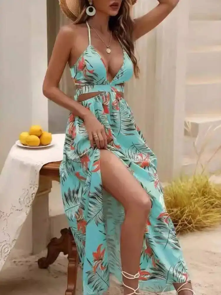 Summer Fashion New Women's Elegant Printed Bohemian Sexy Beach Style Bareback Bow Split Party Women's Dress