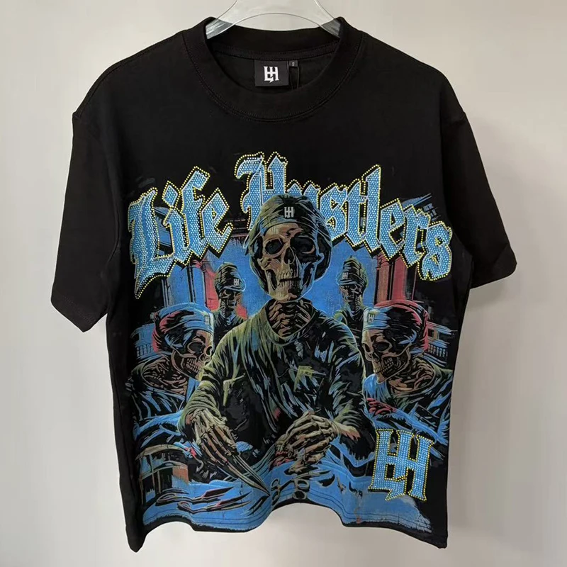 

Футболка Life Hustlers 26SS мужская, уличный стиль, новая европейско-американская тенденция, с коротким рукавом, с принтом в виде черепа и стразами.