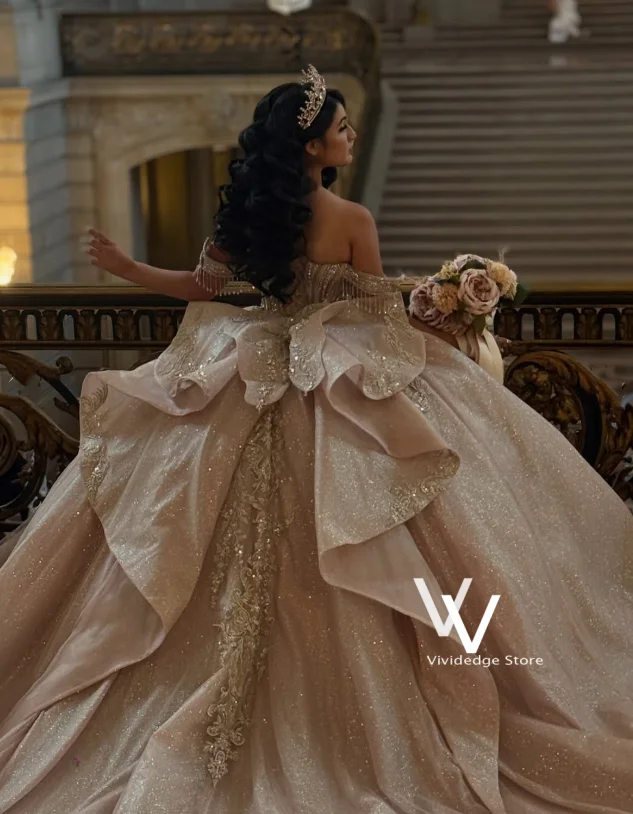 Blush Pink Glitter Quinceanera Dress Off Shoulder Corset Ball Gown Long Train Princess Wedding Party Gown prom dresse Customized