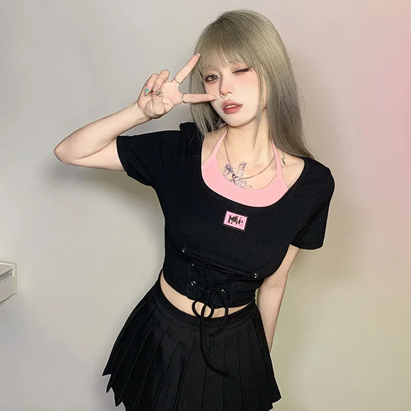 2024 Nuove Donne Sexy Halter Slip Crop Vestiti Della Signora Dolce Y2k T-shirt a maniche corte Femminile Tie Up Aderente Designer Estate Magliette e camicette