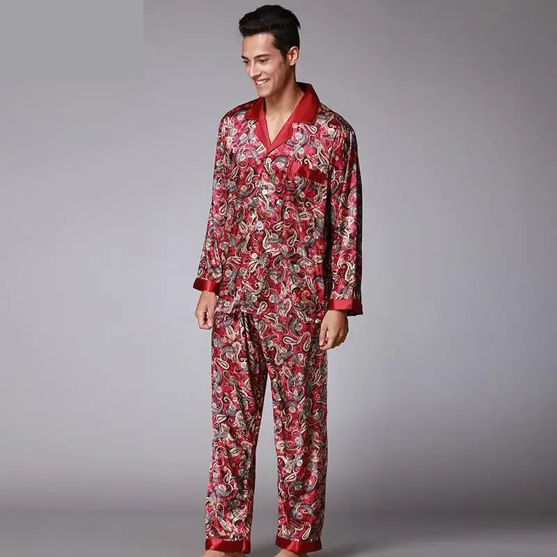 New Luxury Pajamas Men Paisley Pattern Sleepwear Silk Long-sleeved Satin Mens Pyjamas Men\'s Lounge Pajamas Set Plus Size 4XL