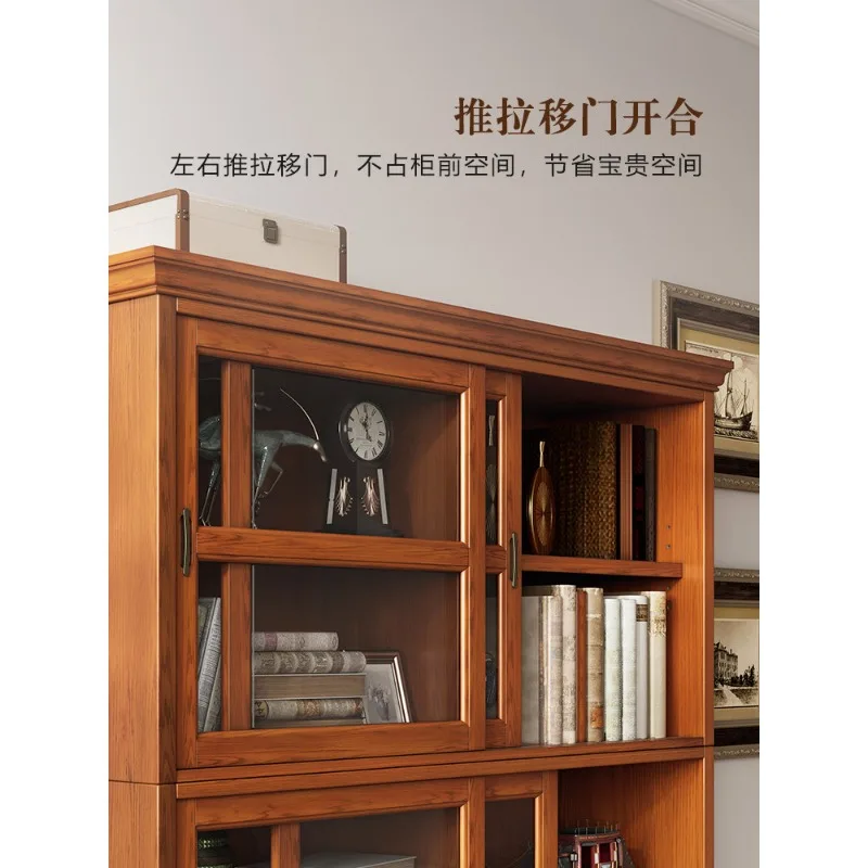 American solid wood bookcase with glass door dust-proof household retro display cabinet living room floor sliding door bookshelf - view 4