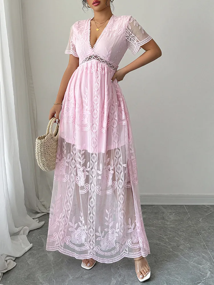 

SKMY Elegant Temperament Deep V-Neck Party Dresses Women Clothing Spring And Summer 2025 Short Sleeve Lace A-Line Midi Dresses