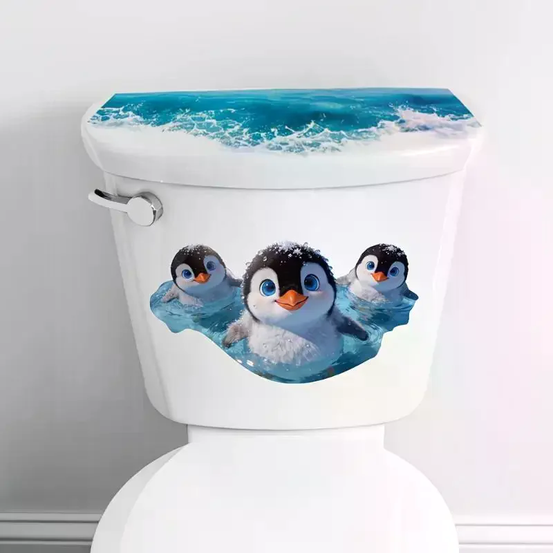 Cute Swimming Penguin Toilet Sticker: Waterproof Bathroom Wall Self-Adhesive Removable Decals Home Decor