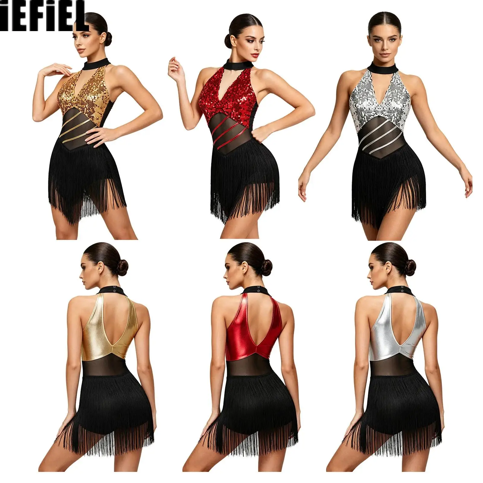 Women Latin Dance Costume Halter Sleeveless Mesh Patchwork Cutout Metallic Back Shiny Sequins Bodice Tassels Dress