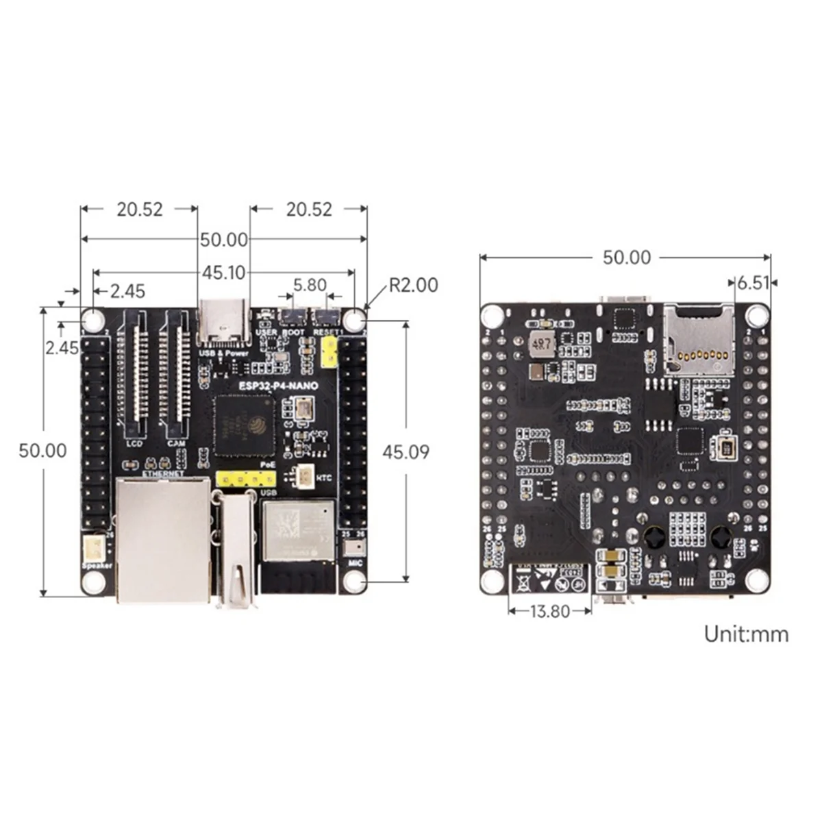 ESP32-P4-NANO Development Board+POE Module+Speaker Kit Dual-Core RISC-V WiFi6 Bluetooth5/BLE RJ45 100M Ethernet Port