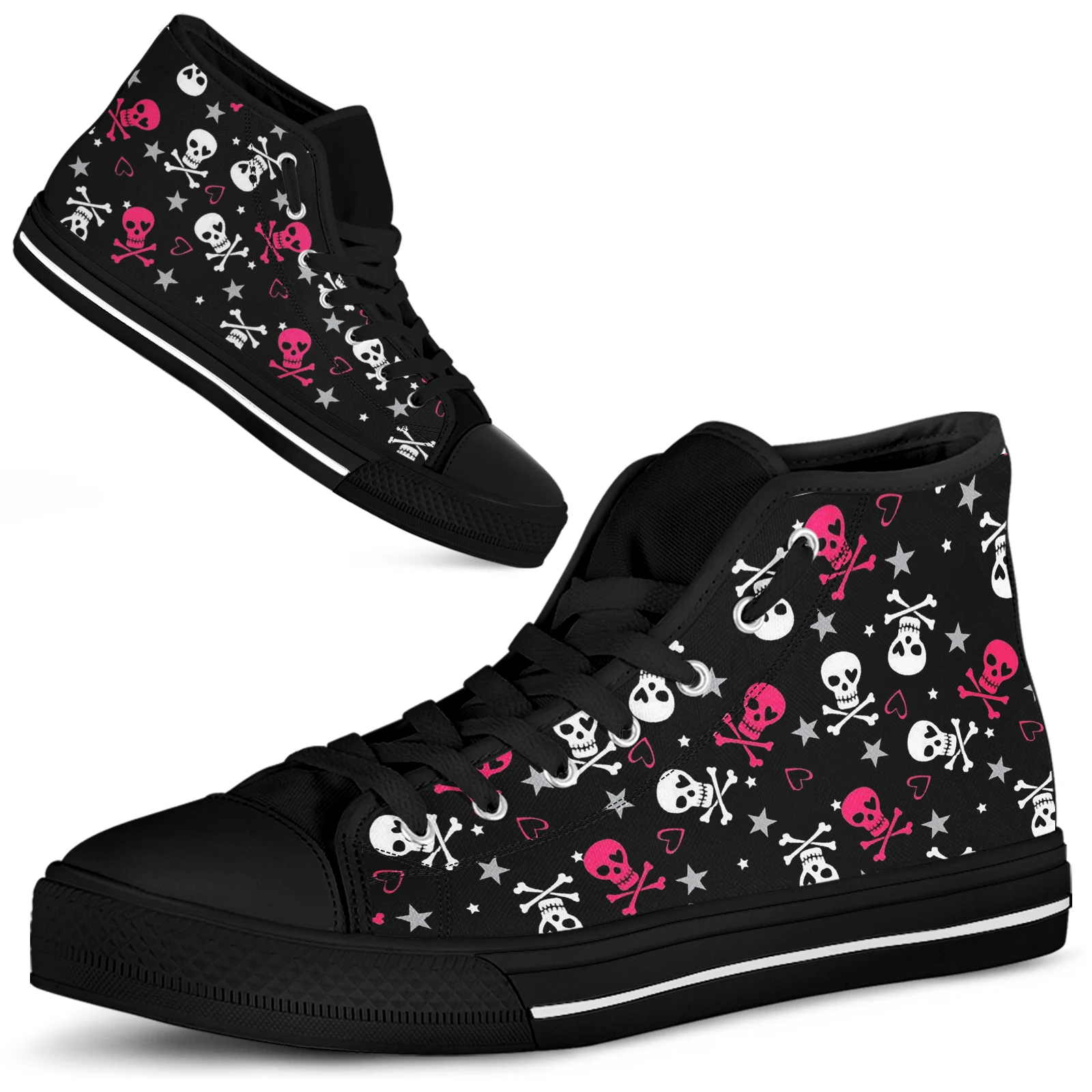 ELVISWORDS Gothic Skull Women's Shoes Comfortable Lace-up High-top Shoes Love Skull Print Casual Shoes Black Walking Shoes Mujer