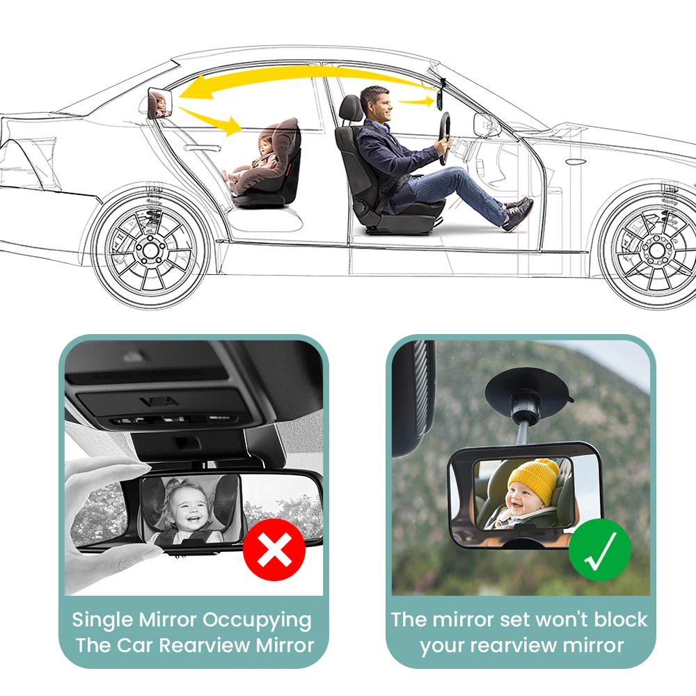 طقم مرآة سيارة للأطفال مكون من قطعتين بما في ذلك مرآة مواجهة إلى الأمام ومشبكًا 360 درجة ° مرآة مقعد السيارة المقاومة للكسر قابلة للدوران للوجه الخلفي #4