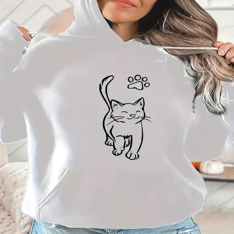 

Женская милая толстовка с капюшоном с рисунком черного кота, мягкий повседневный пуловер на шнурке, толстовка на каждый день, комфортная осенне-зимняя уличная одежда