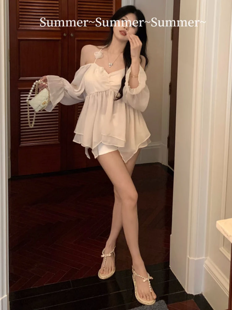 Tender Ruffles Blouses Women Vacation Sun-proof Sweet Chic Summer Pure Temperament Lady Fashion Korean Style Halter Off Shoulder