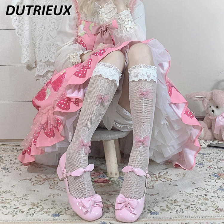 

Summer Fishnet Stockings for Women Cute Lollipop Bow Japanese Lolita Stockings Princess Calf Socks Sweet Lady Knee High Socks