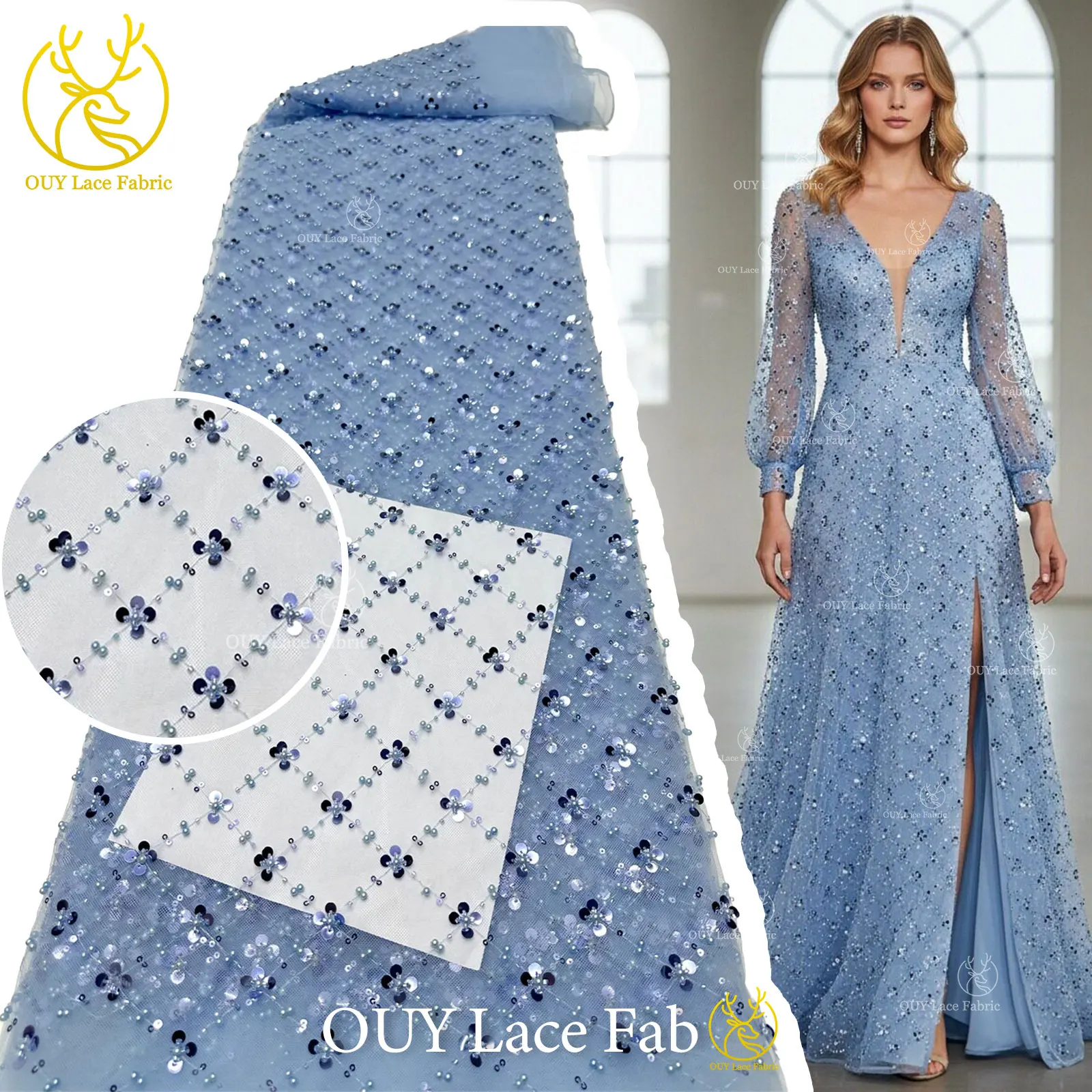 

Wholesale Fashion African Lace Fabric High Quality French Beaded Sequins Lace 5 Yards Nigerian Lace Wedding Dress Sewing