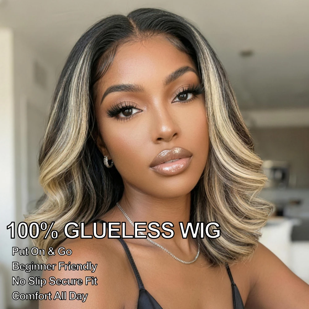 UNICE Bye-Bye Slip™ 7x5 Lace Black with Blonde Highlight Layered Wavy Bob Wig Human Hair with Invisi Drawstring 150% Density