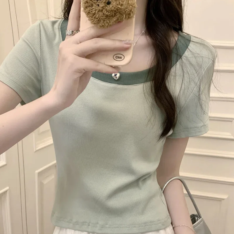 

Contrast Color U-neck Front Shoulder Short-sleeved T-shirt for Women 2025 Summer New Pure Cotton T-shirt Slim Small Short Top