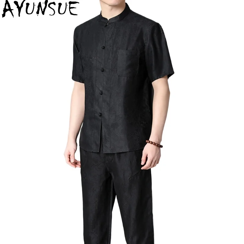AYUNSUE Luxury Gauze Silk Suit for Men Fashion Quality 100% Mulberry Silk Shirt Man Clothing Casual Summer Outfit ropa hombre
