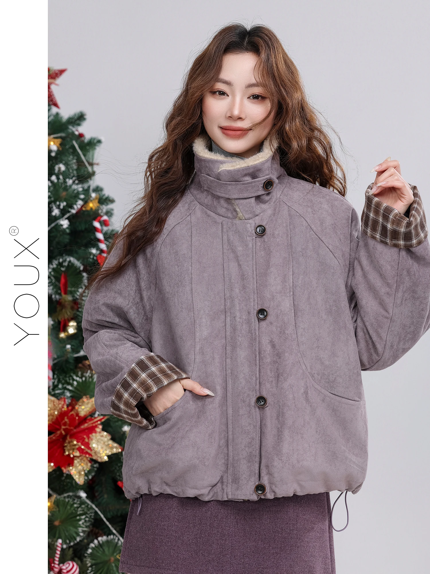 

Purple Suede Jaet Women's Winter New Sle Warmth Flap Collar Cotton Sandwich Design Loose Fit Retro Sle Coat for Ladies