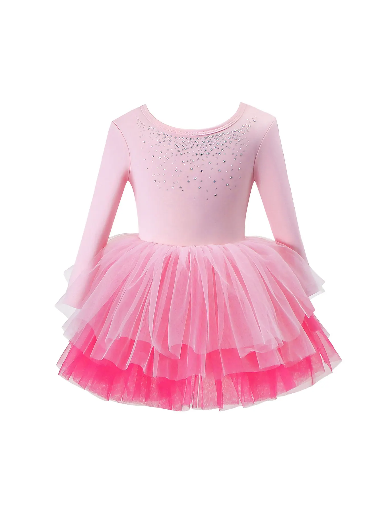 Pink Long-Sleeved Casual Dance Dress for Girls, with Rhinestone Embellishments and Criss-Cross Back Design, Solid Color Multi-Layered Tulle Skirt, Comfortable and Soft with Hidden Buttons to Prevent Exposure, Suitable for Daily Dance Practice, Outings, and Casual Wear