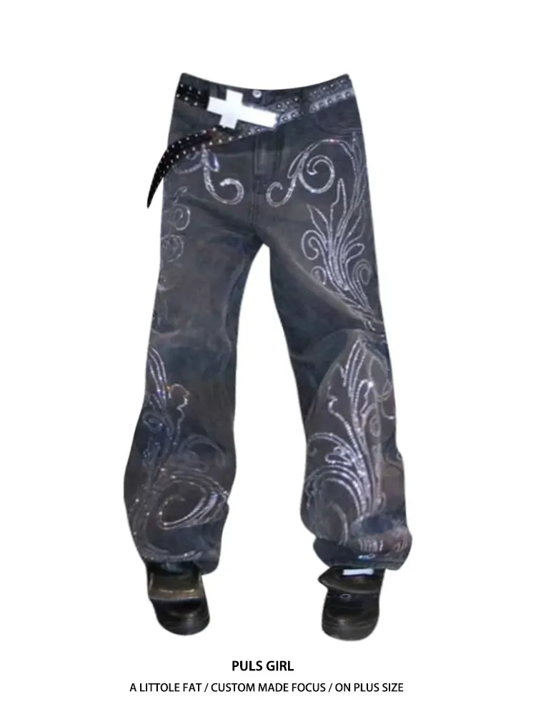 

Retro American Large Size Denim Jeans Women's High Waist Glitter Washed Faded Wide Leg Long Pants Casual Street Style