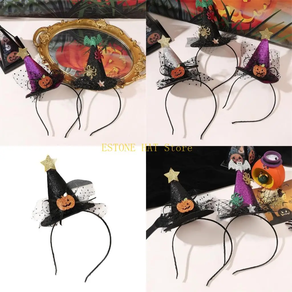 49MF Sequins Witch Hat Pumpkin Mini Cone Hat Headband for Halloween Headdress