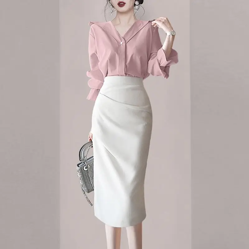 Feminine Gentle Set Of Solid Pink V-neck Ruffle Sleeve Blouse Shirt 2023 Autumn Women Long Sleeve Blouse Two Piece Of Skirt