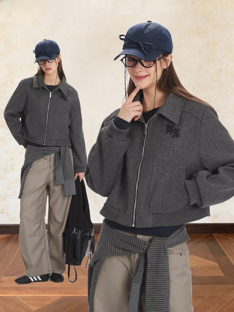 

Корейская шерстяная куртка-жакет с вышивкой и пэчворком, женская, весна 2026, свободного кроя, приталенная, на молнии, повседневная, модная верхняя одежда