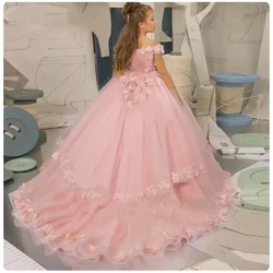Pink Flower Girl Dress Gorgeous Fluffy Appliqués First Communion Birthday Wedding Kids Girls Pageant Evening Children's Gifts