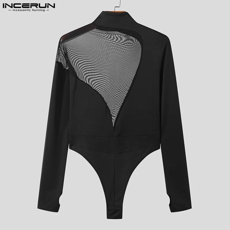 Men Bodysuits Mesh Patchwork Transparent Turtleneck Long Sleeve Rompers Men Streetwear 2023 Sexy Fashion Bodysuit S-5XL INCERUN