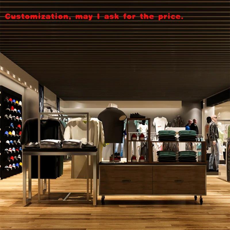 custom.New Clothes Shop Racking Display Fixtures Design Wood Stacked Floor Shelves Retail Store Clothing