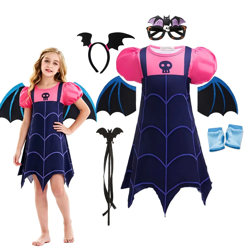 Girl Spider Web Print Cosplay Dress Short Sleeve Skull Logo Costume Halloween Junior Vampire Party Fancy All Saint's Day Outfit