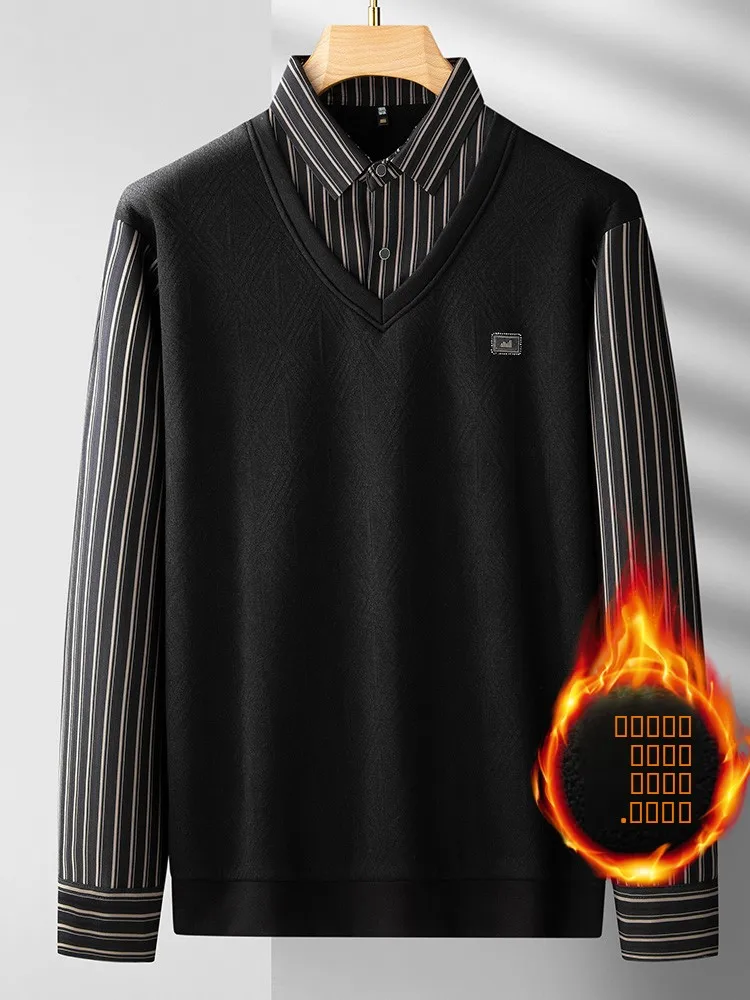 

Мужская теплая футболка больших размеров с длинным рукавом, на флисовой подкладке, с воротником, в полоску, с элементами пэчворка, осенне-зимняя мода