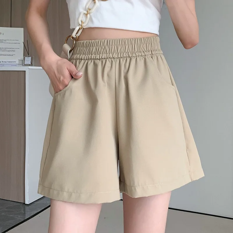 Elastic Waist Shorts Women Korean Fashion Solid Simple Baggy Casual All-match Comfortable Thin Wide Leg Trendy Students Summer