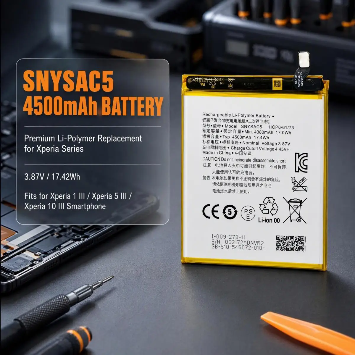 SNYSAC5 3.87V 4500mAh 17.42Wh Li-Polymer Replacement Battery For S ony Xperia 1 III Xperia 5 III Xperia 10 III Smartphone