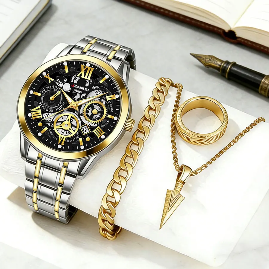 Business luxury men's steel band watch hollow classic luminous quartz watch 4-piece set trendy ring necklace matching