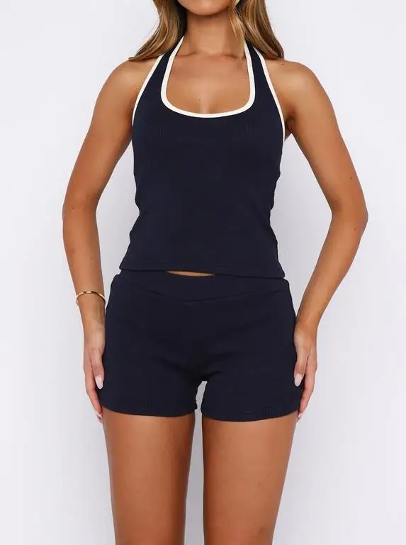 

Women Summer 2Pcs Outfits Sleeveless U-Neck Contrast Color Halter Vest Tops and Elastic Waist Shorts Casual Set