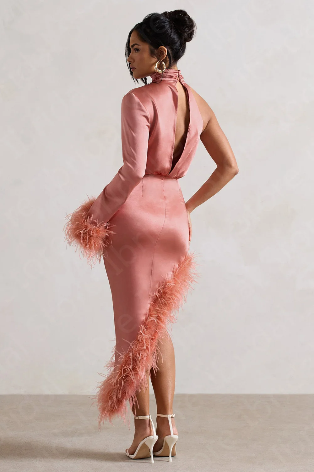 New Arrival Dusty Pink Homecoming Dresses Ankle Length Cocktail Party Dresses Feathers Long Sleeves Wedding Guest Gown High Neck