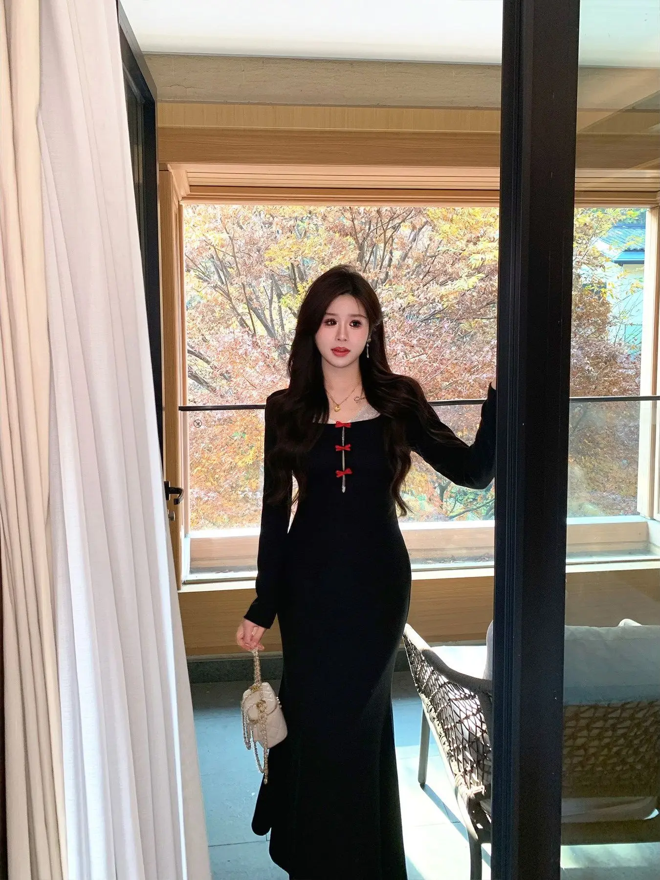 Hebe Style Women's Slim Fit Fish Tail Black Dress Fake Two-Piece Set Early Autumn New Waist-Cinching Fashionable Dress