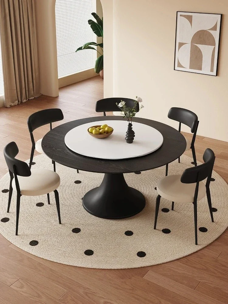

Medieval solid wood round table household small apartment round black walnut French retro dining table