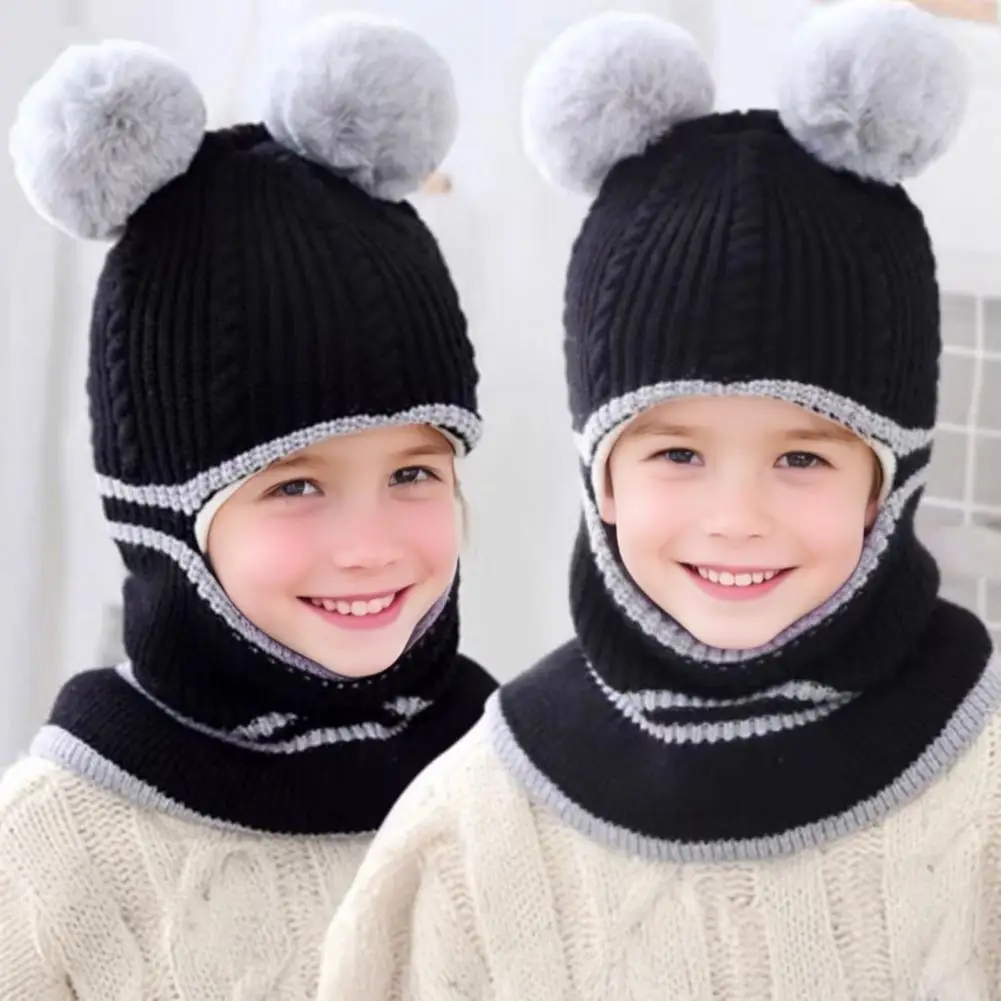 

Children Hat Kid Masked Hats Winter Plush Balls Decor Thickened Knitting Hat 3-in-1 Hat Scarf Face Guard Elastic Windproof Hats
