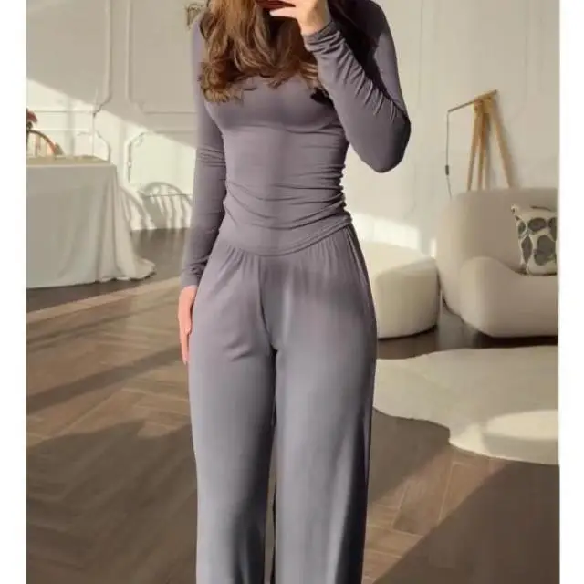 

Women's round Ne Color Wide Leg Pants Autumn Season Casual Sport Suit ort Pants Seven Sve T-irt No Brand