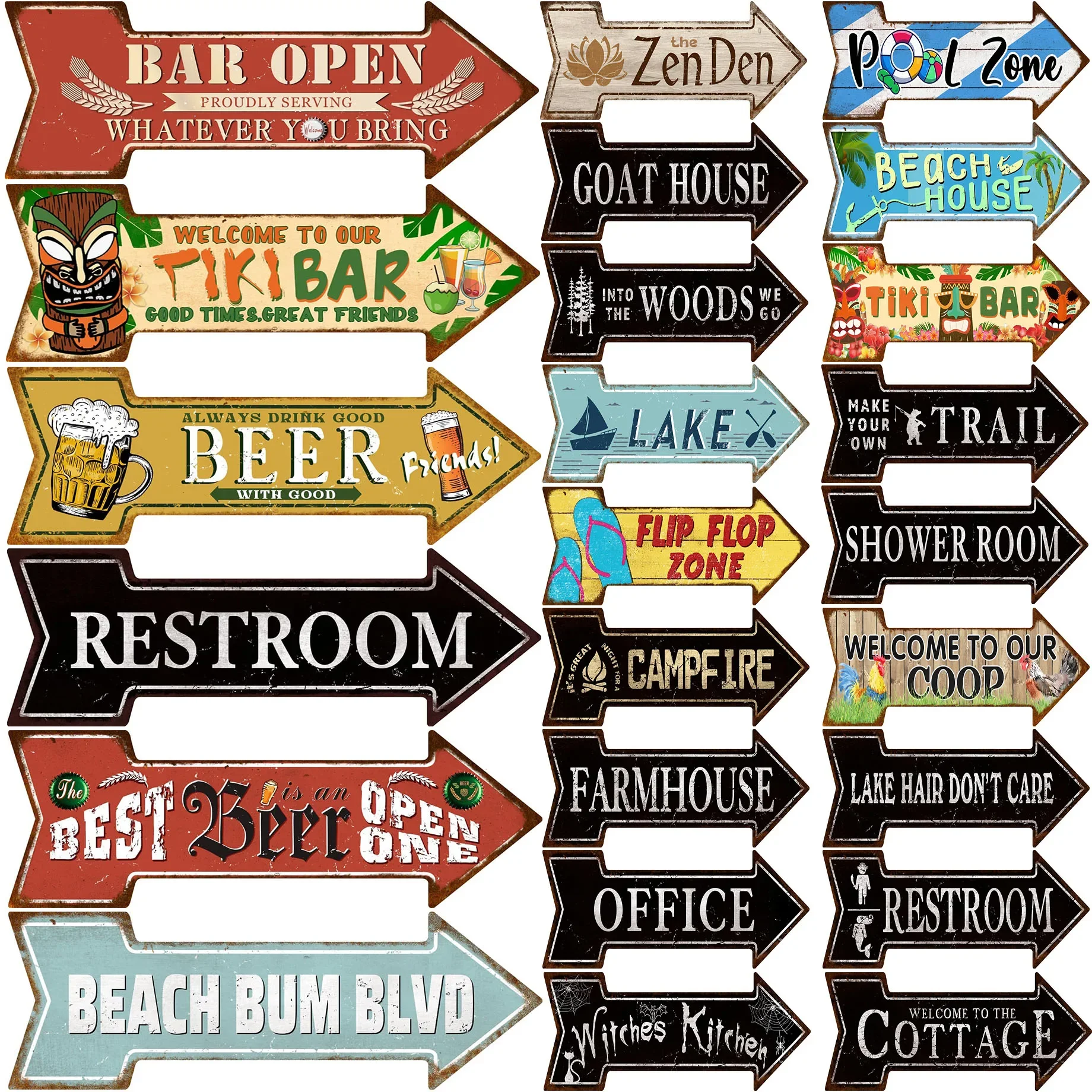 Arrow Shape Tin Sign Metal Tiki Bar Open Plate Indicator Coffee Tea Shop Bar Pub Hanging Sign Indoor Wall Decoration Iron Plaque