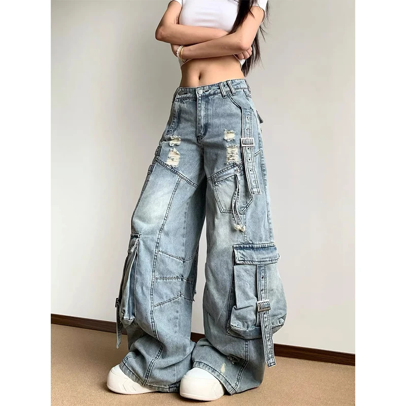 

Women Gothic High Waist Vintage Cargo Jeans Fashion Y2k Streetwear Ripped Pants Harajuku Casual Wide Leg Denim Trousers