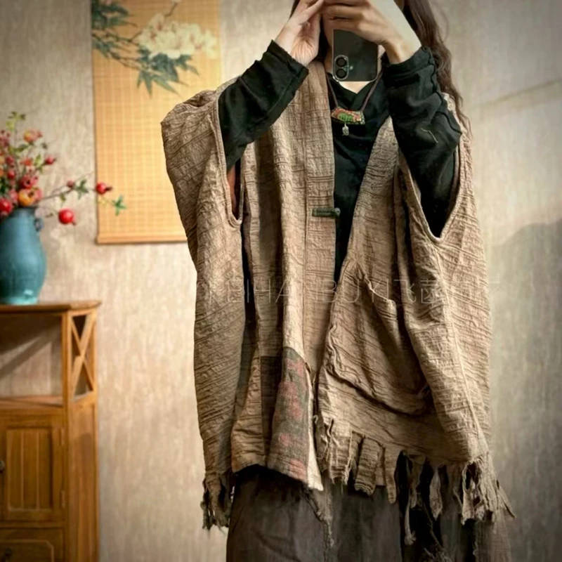 Wiosna Jesień Nowy Styl Artystyczny Damskie Kurtki z Rękawami Nietoperzowymi Zapinane na Jeden Guzik Vintage Patchworkowe Kurtki z Bawełny i Lnu Luźne Płaszcze z Dekoltem w Serek F086