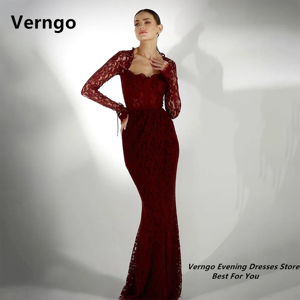 Verngo Burgundy Lace Prom Dress Women Elegant Mermaid Evening Dress Tight Sweetheart Floor Length Formal Gown Outfit Customized