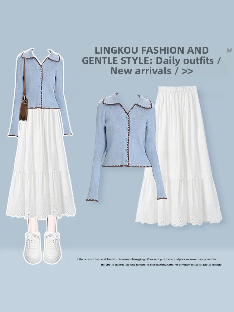 

Модный комплект из вязаного кардигана и юбки больших размеров для женщин: повседневный осенне-зимний костюм-двойка, стройнящий силуэт